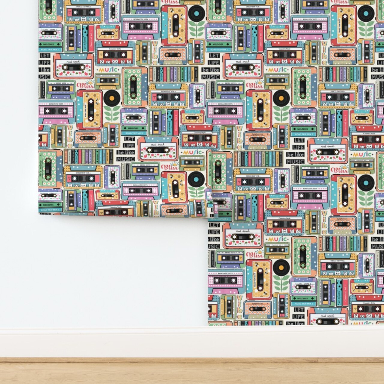 Vintage Retro Music 80S 90S Hipster Tape Cassette Modern Colorful Mix Novelty Large Scale Flowers Hearts Cats Bohemian Eclectic Boho Custom Pre-pasted Wallpaper by Spoonflower Pre-Pasted Wallpaper 2FT Wide